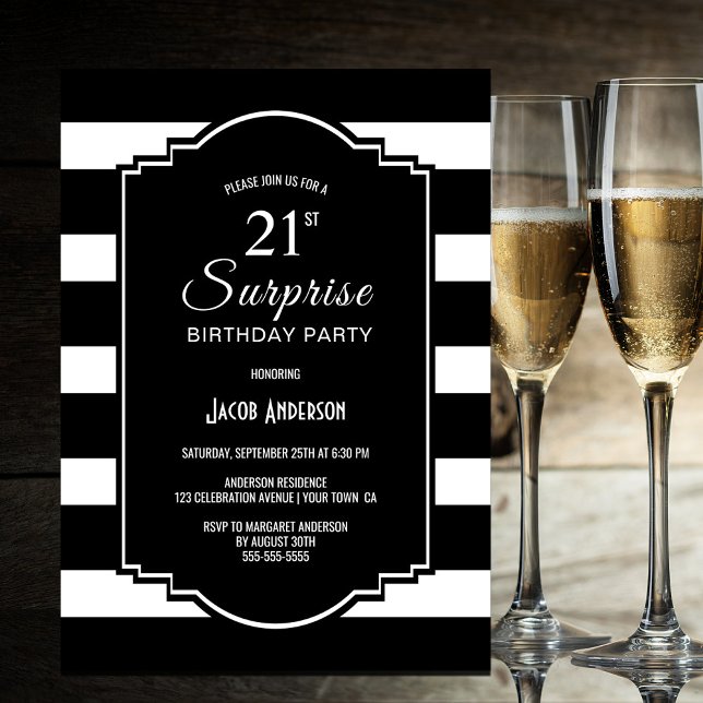 Black and White Striped Surprise 21st Birthday Invitation (Creator Uploaded)