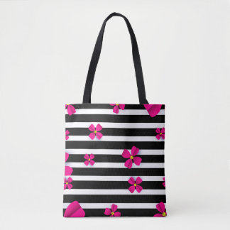Black and white striped tote with pink flowers 