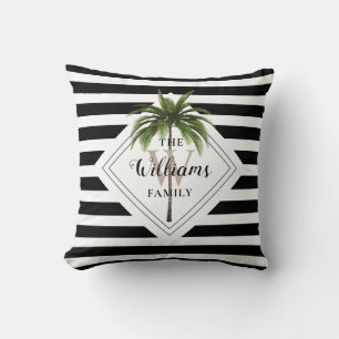 Black And White Striped Tropical Monogram Name Cushion