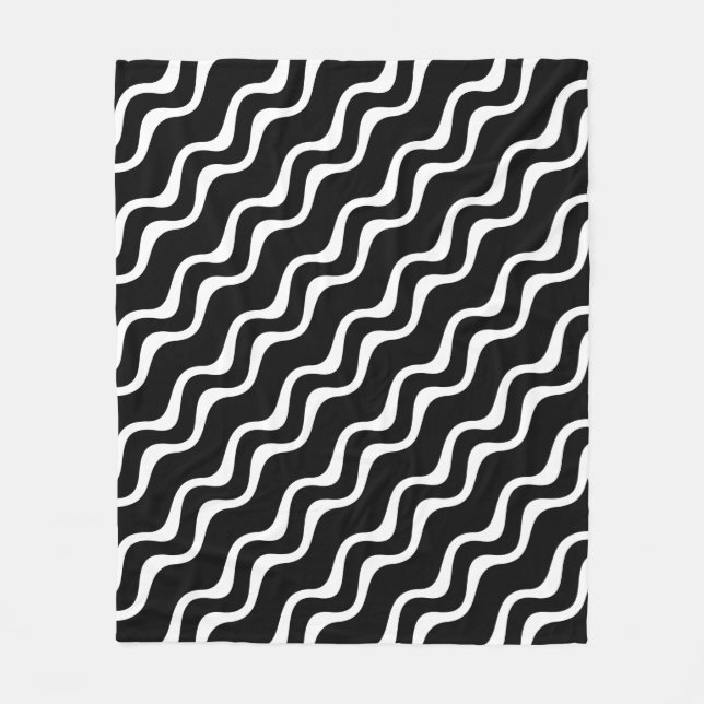 Black and White Striped Wave Ripple Pattern Flee Fleece Blanket (Front)