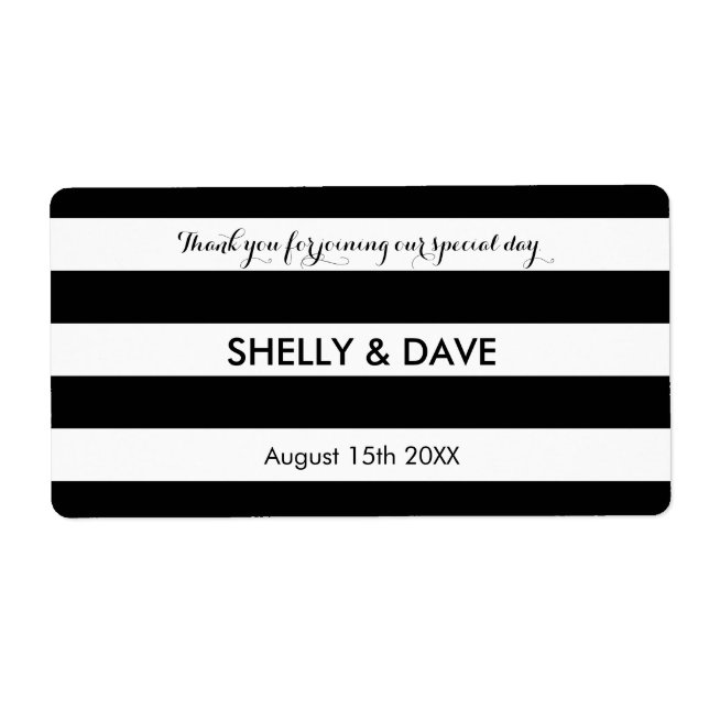 Black and white striped wedding water bottle label (Front)