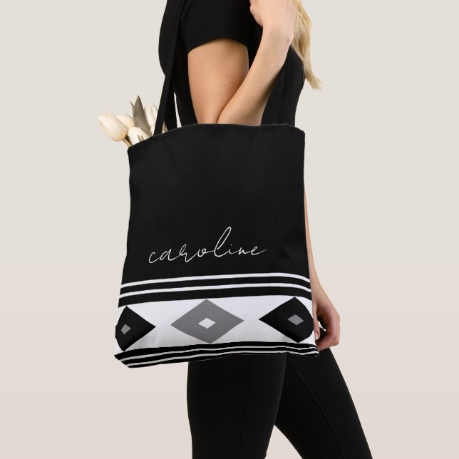 Black and White Stripes and Diamond Shapes   Tote Bag (Close Up)