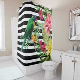 Black And White Stripes And Flowers And Parrot Shower Curtain