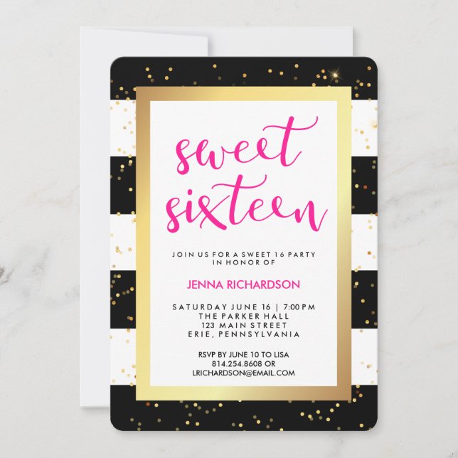 Black and White Stripes and Gold Sweet Sixteen Invitation (Front)