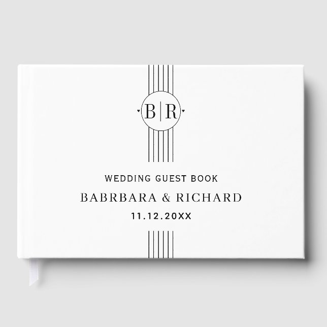 Black and white stripes and monogram wedding guest book (Front)