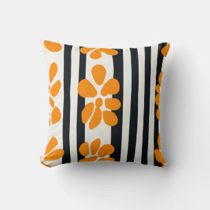 Black and White Stripes and Orange MOD Flowers Cushion