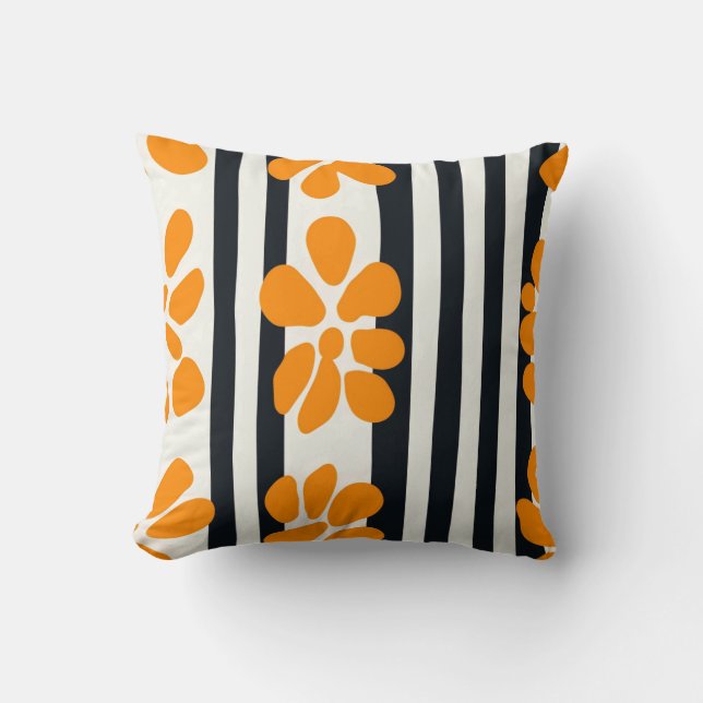 Black and White Stripes and Orange MOD Flowers Cushion (Front)