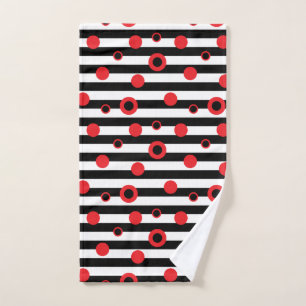 Black-and-white stripes and red circles pattern hand towel