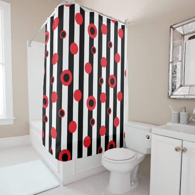 Black and white stripes and red circles pattern shower curtain (In Situ)