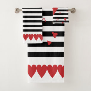 Black-and-white stripes and red hearts bath towel set