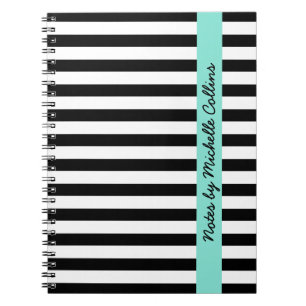 Black and white stripes aqua personalised name notebook
