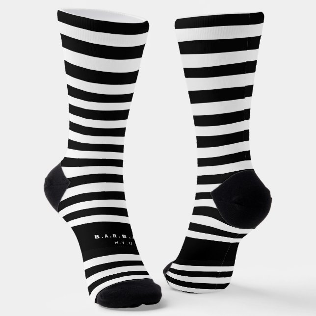 Black and White Stripes Custom Name Socks (Angled)