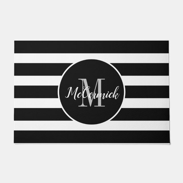 Black And White Stripes Family Monogram Name Doormat (Front)