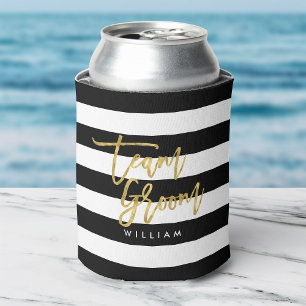 Black and White Stripes Faux Gold Team Groom Can Cooler