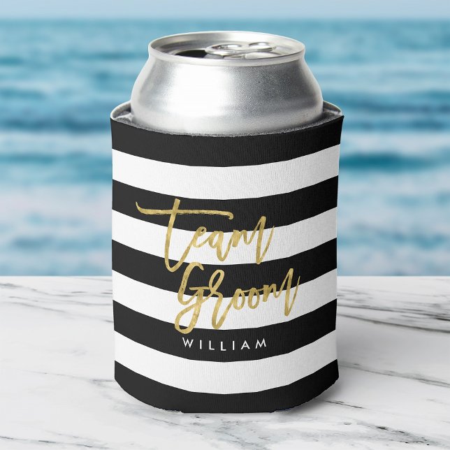 Black and White Stripes Faux Gold Team Groom Can Cooler (Creator Uploaded)