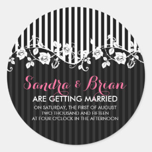 Black And White Stripes & Floral Lace Classic Round Sticker