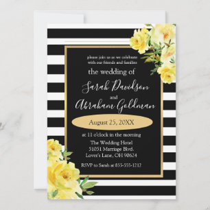 Black and White Stripes Flowers Roses Wedding  Inv Invitation