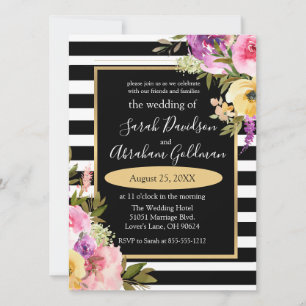 Black and White Stripes Flowers Roses Wedding Inv Invitation