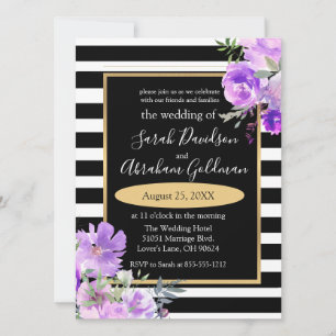 Black and White Stripes Flowers Roses Wedding Inv Invitation