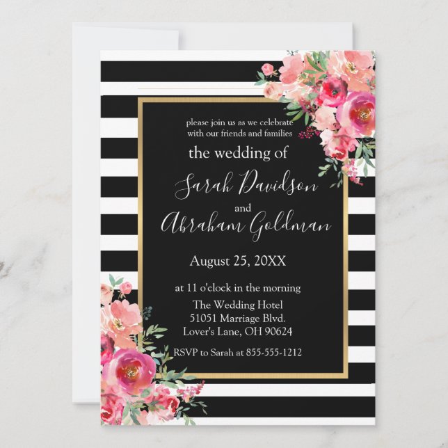 Black and White Stripes Flowers Roses Wedding  Inv Invitation (Front)