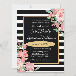 Black and White Stripes Flowers Roses Wedding Inv Invitation