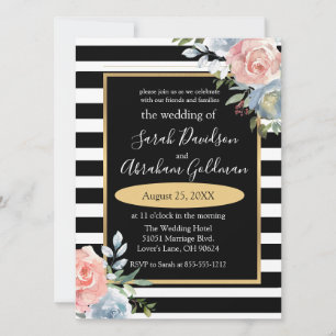 Black and White Stripes Flowers Roses Wedding  Inv Invitation