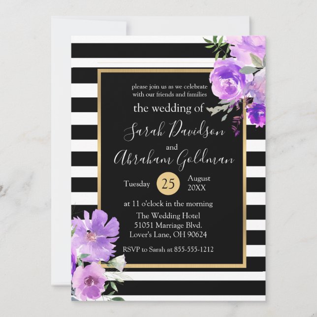 Black and White Stripes Flowers Roses Wedding  Invitation (Front)