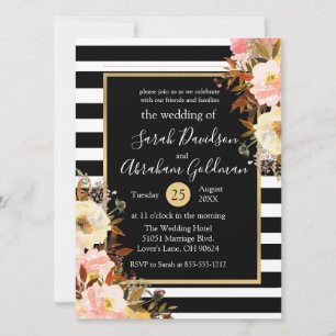 Black and White Stripes Flowers Roses Wedding Invitation