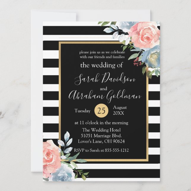 Black and White Stripes Flowers Roses Wedding  Invitation (Front)