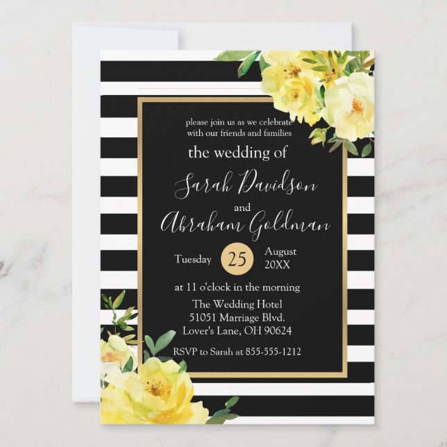 Black and White Stripes Flowers Roses Wedding  Invitation (Front)