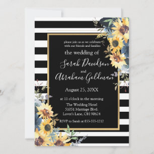 Black and White Stripes Flowers Sunflowers Wedding Invitation