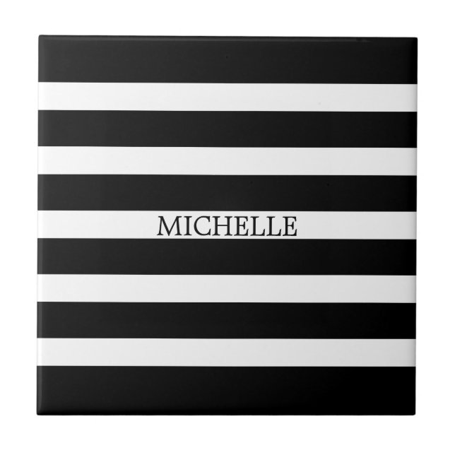 Black And White Stripes Geometric Pattern Ceramic Tile (Front)