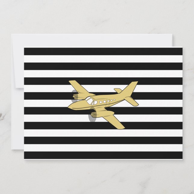 Black and white stripes & gold aeroplane  invitation (Front)