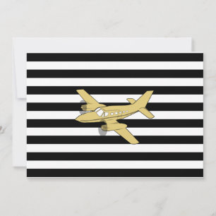 Black and white stripes & gold aeroplane  invitation