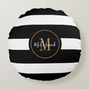 Black And White Stripes Gold Family Monogrammed Round Cushion