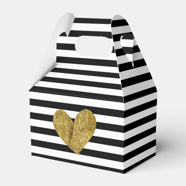 Black and White Stripes Gold Heart Favour Box (Front Side)