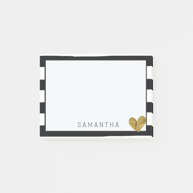 Black and White Stripes Gold Heart Post-it Notes (Front)