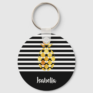 Black and white stripes gold pineapple with name key ring