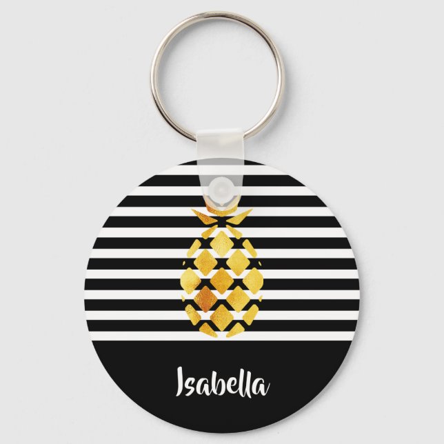 Black and white stripes gold pineapple with name key ring (Front)