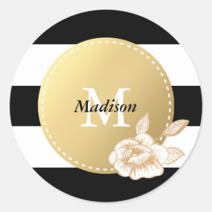 Black and White Stripes   Gold Rose and Monogram Classic Round Sticker