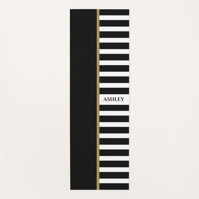 Black And White Stripes Gold Stripe Yoga Mat (Front)