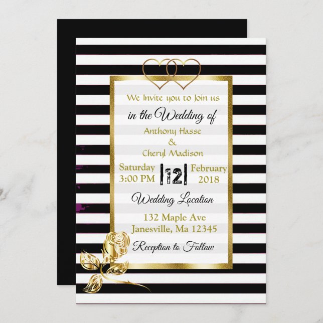 Black and White Stripes Gold Wedding Invitations (Front/Back)