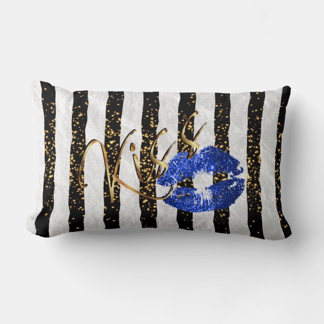 Black and White Stripes Kiss Me Lumbar Cushion (Front)