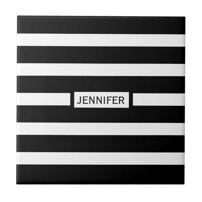 Black And White Stripes Modern Geometric Pattern Ceramic Tile (Front)