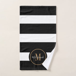 Black And White Stripes Modern Gold Monogram Hand Towel