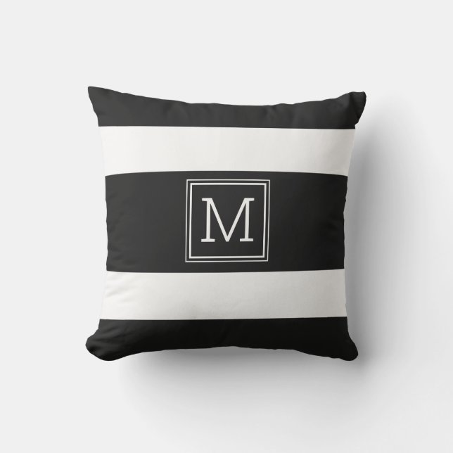 Black And White Stripes Modern Simple Monogram Cushion (Front)