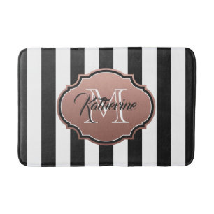 Black and White Stripes Monogram Bath Mat
