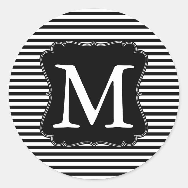 Black and White Stripes Monogram Classic Round Sticker (Front)