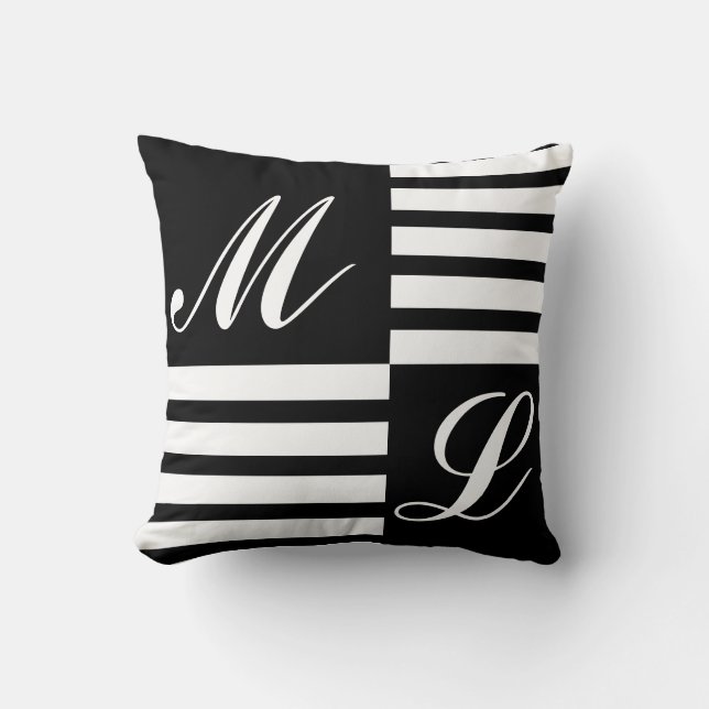 Black and White Stripes Monogram Cushion (Front)