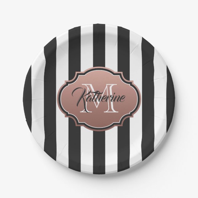 Black and White Stripes Monogram Paper Plate (Front)